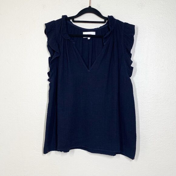 Xirena Bex Gauze Top M Navy Blue 100% Cotton V-Neck Ruffle Cap Sleeve - Picture 3 of 7